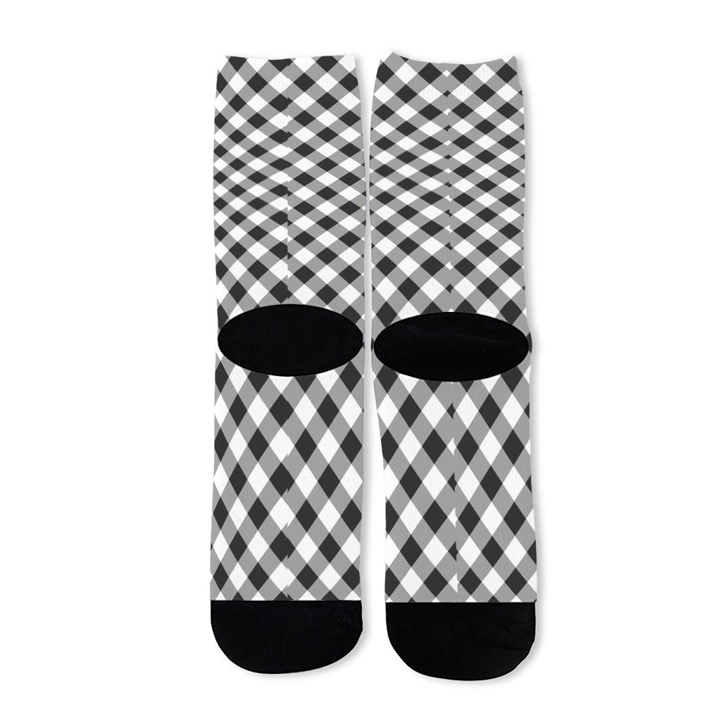 Shadow Grey And White Gingham Print Long Socks