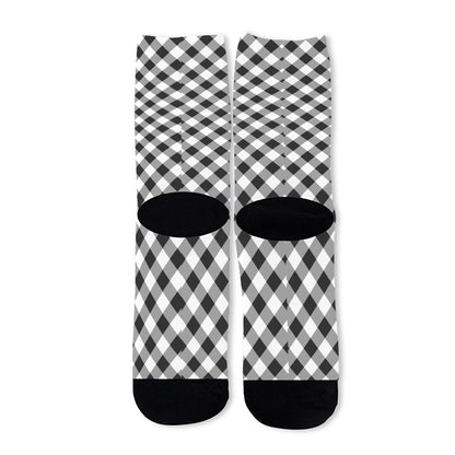 Shadow Grey And White Gingham Print Long Socks