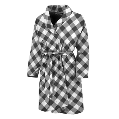 Shadow Grey And White Gingham Print Men's Bathrobe