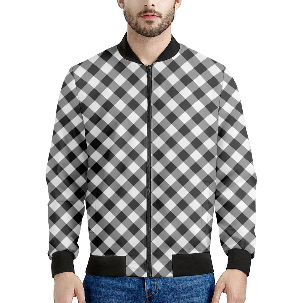 Shadow Grey And White Gingham Print Men's Bomber Jacket