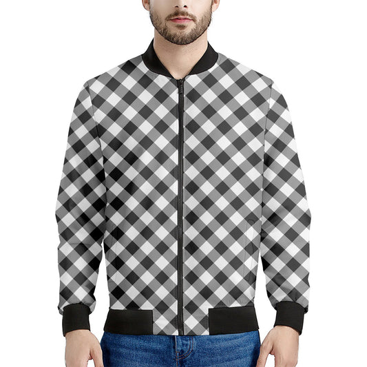 Shadow Grey And White Gingham Print Men's Bomber Jacket