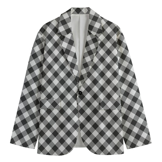 Shadow Grey And White Gingham Print Men's Cotton Blazer