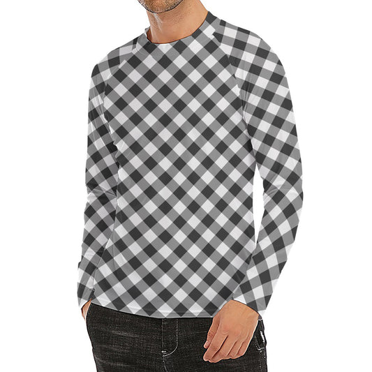 Shadow Grey And White Gingham Print Men's Long Sleeve Rash Guard