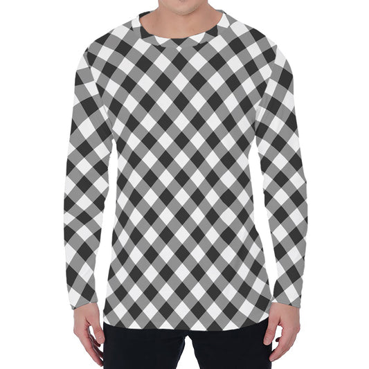 Shadow Grey And White Gingham Print Men's Long Sleeve T-Shirt