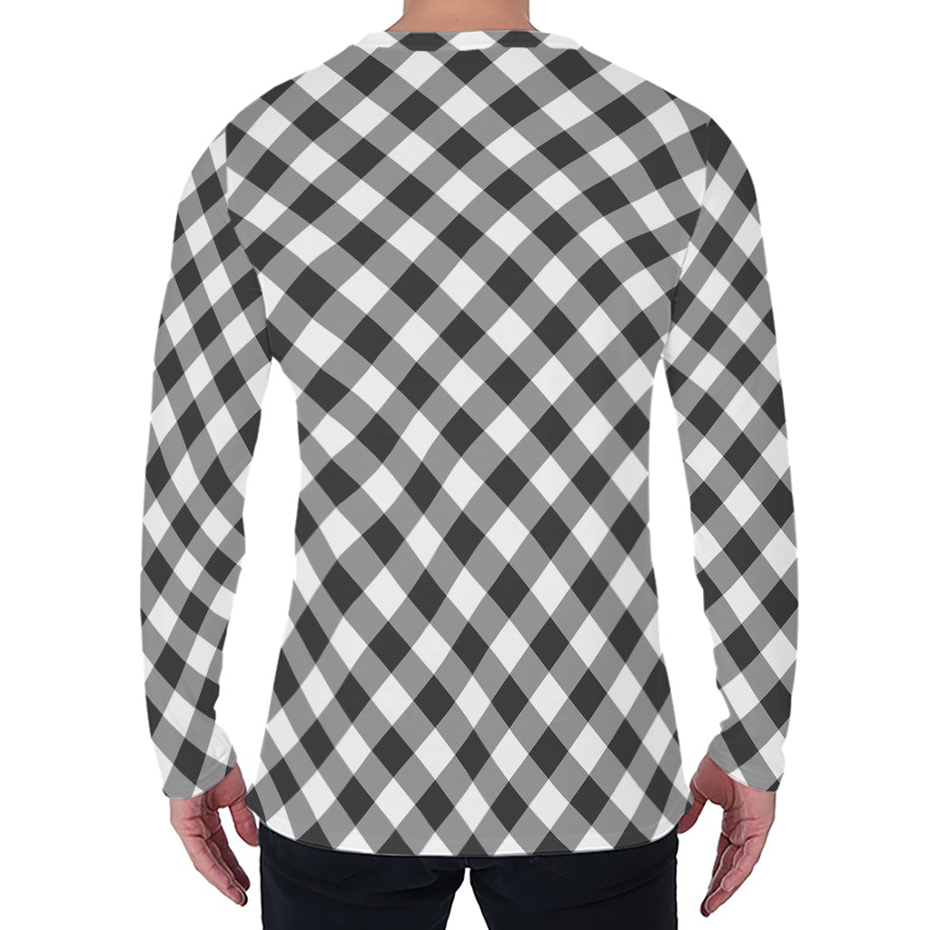 Shadow Grey And White Gingham Print Men's Long Sleeve T-Shirt
