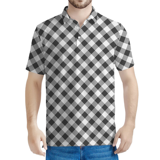 Shadow Grey And White Gingham Print Men's Polo Shirt