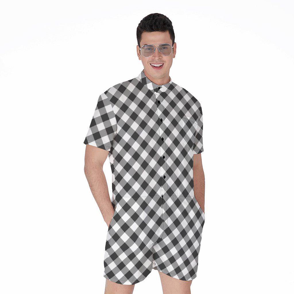 Shadow Grey And White Gingham Print Men's Rompers