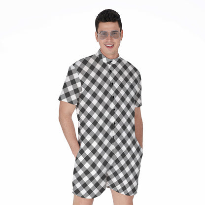 Shadow Grey And White Gingham Print Men's Rompers