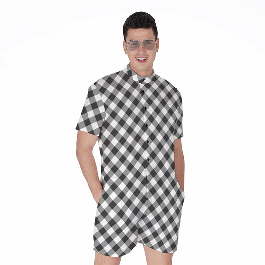 Shadow Grey And White Gingham Print Men's Rompers