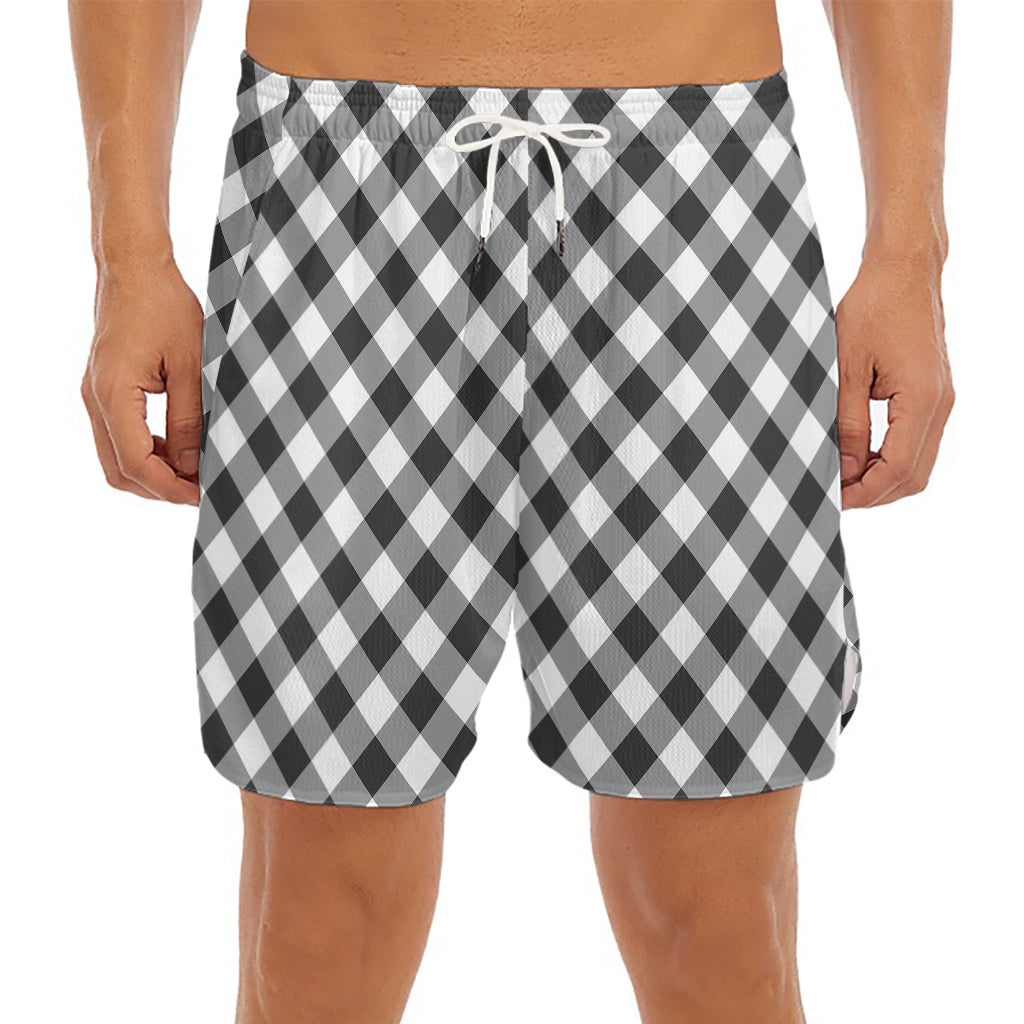 Shadow Grey And White Gingham Print Men's Split Running Shorts