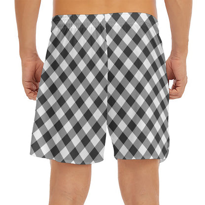 Shadow Grey And White Gingham Print Men's Split Running Shorts