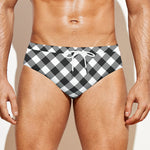 Shadow Grey And White Gingham Print Men's Swim Briefs