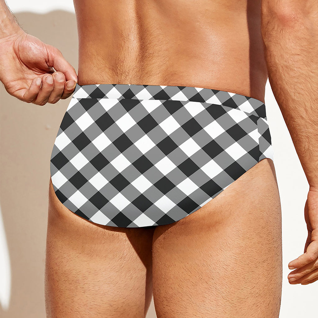 Shadow Grey And White Gingham Print Men's Swim Briefs