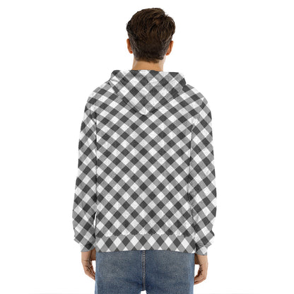 Shadow Grey And White Gingham Print Men's Velvet Pullover Hoodie