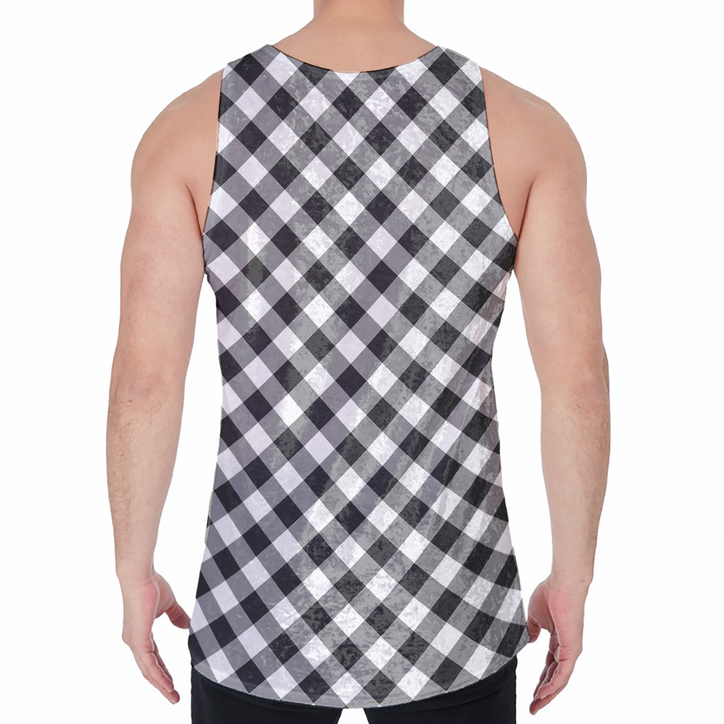 Shadow Grey And White Gingham Print Men's Velvet Tank Top