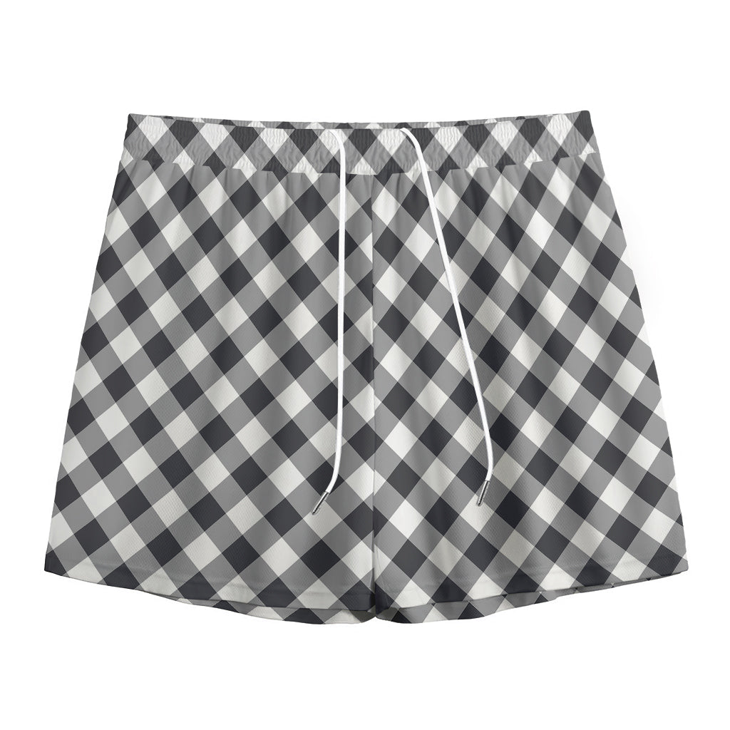 Shadow Grey And White Gingham Print Mesh Shorts