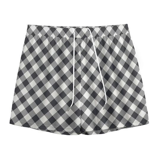 Shadow Grey And White Gingham Print Mesh Shorts