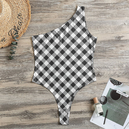 Shadow Grey And White Gingham Print One Shoulder Bodysuit