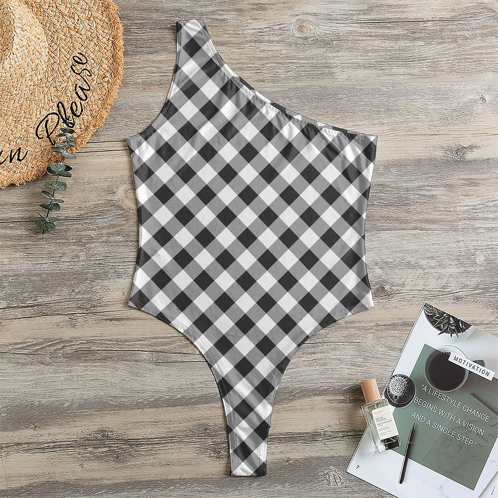 Shadow Grey And White Gingham Print One Shoulder Bodysuit