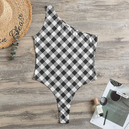 Shadow Grey And White Gingham Print One Shoulder Bodysuit