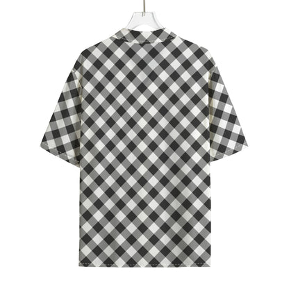 Shadow Grey And White Gingham Print Rayon Hawaiian Shirt