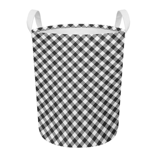 Shadow Grey And White Gingham Print Round Laundry Basket