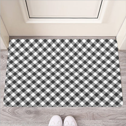Shadow Grey And White Gingham Print Rubber Doormat