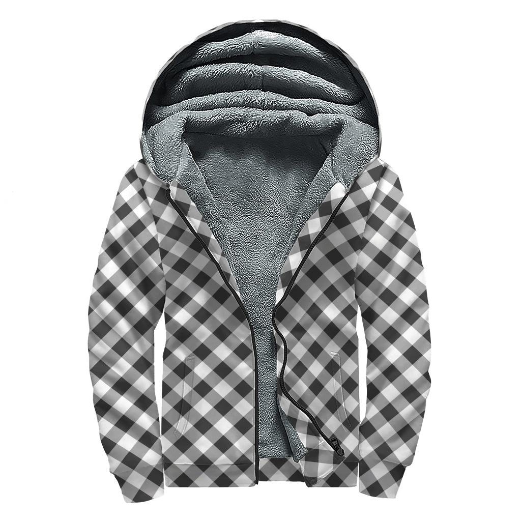 Shadow Grey And White Gingham Print Sherpa Lined Zip Up Hoodie