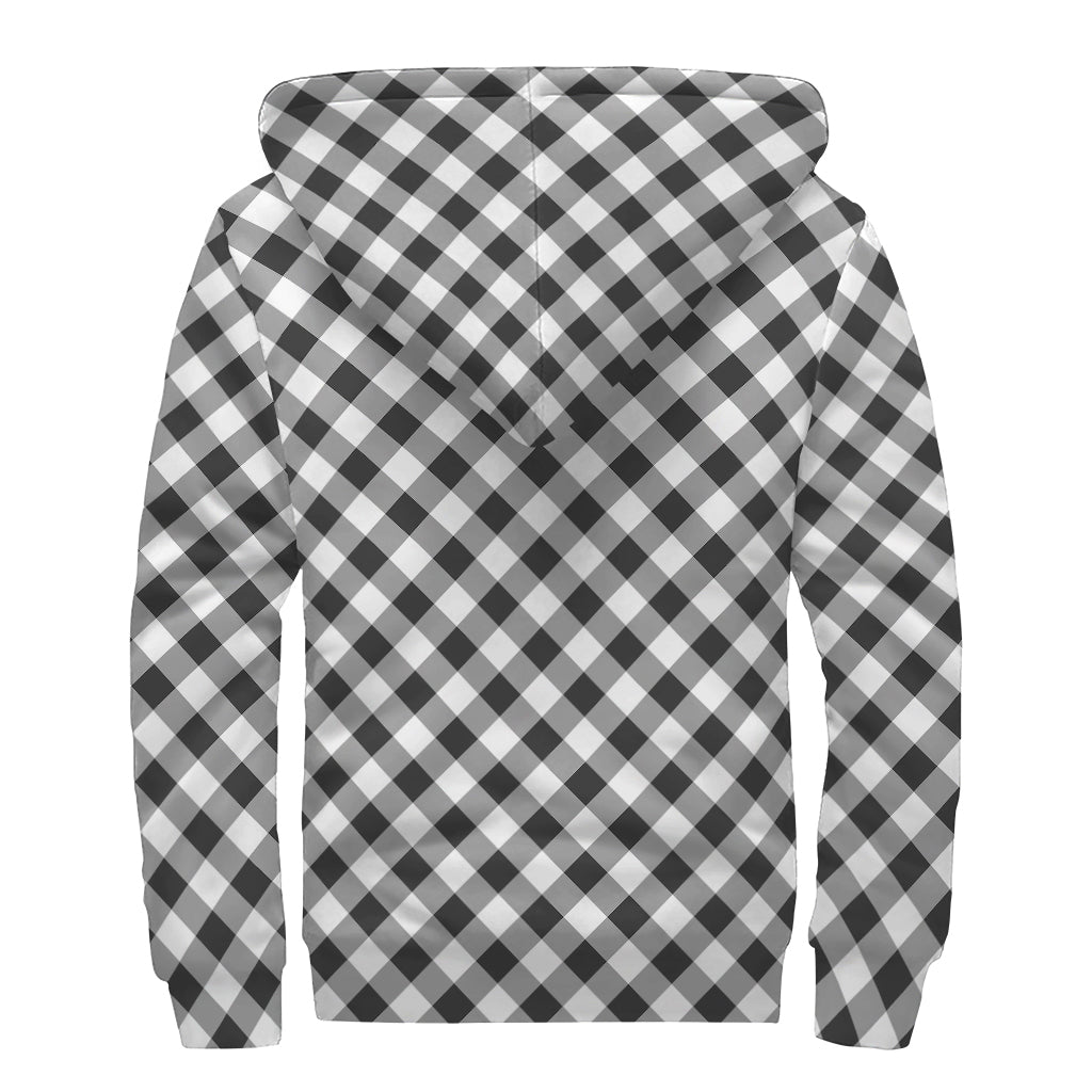 Shadow Grey And White Gingham Print Sherpa Lined Zip Up Hoodie