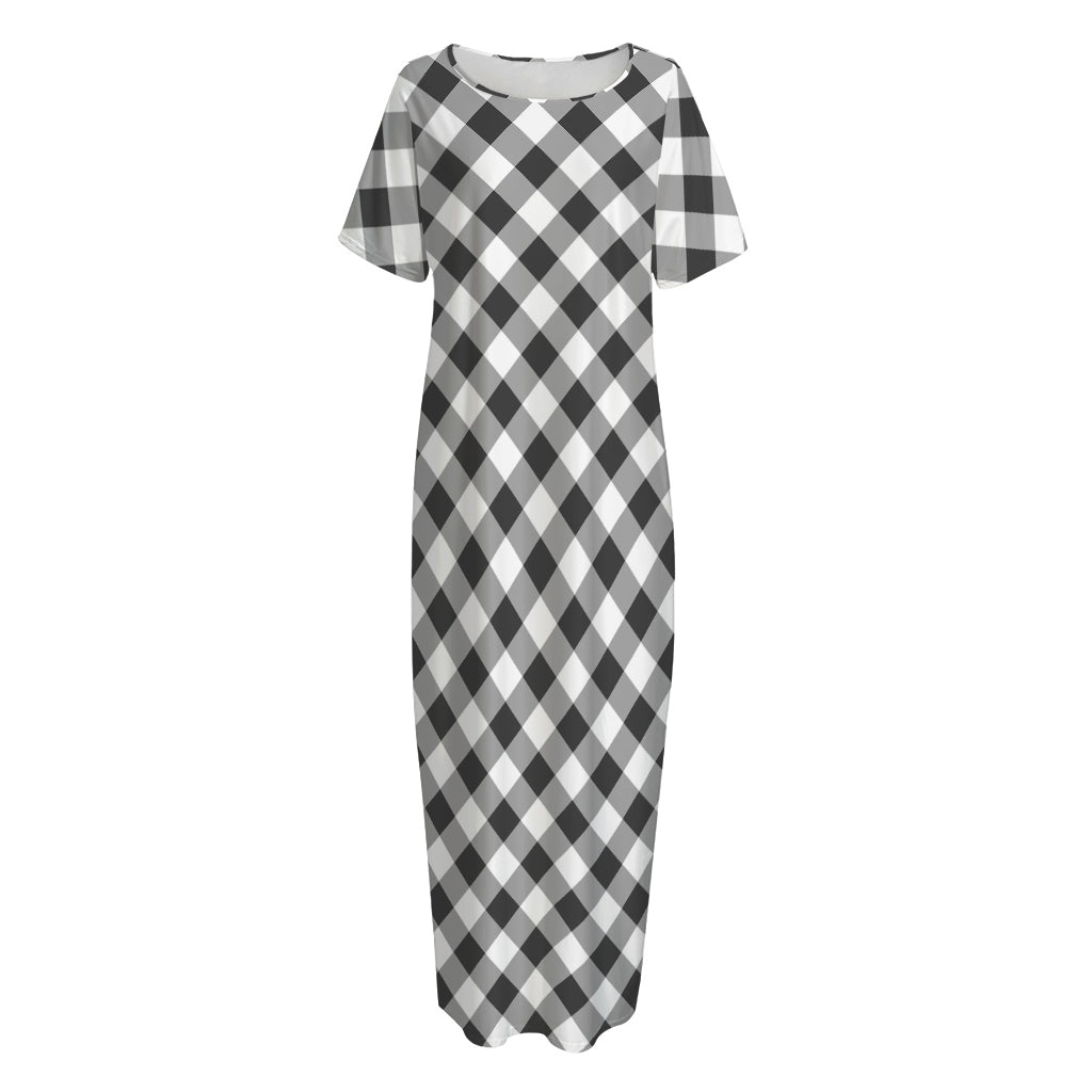 Shadow Grey And White Gingham Print Short Sleeve Long Nightdress