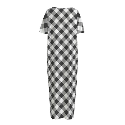 Shadow Grey And White Gingham Print Short Sleeve Long Nightdress