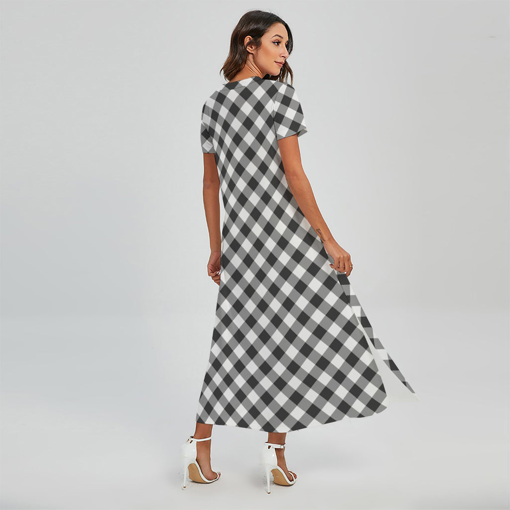Shadow Grey And White Gingham Print Short Sleeve Maxi Dress