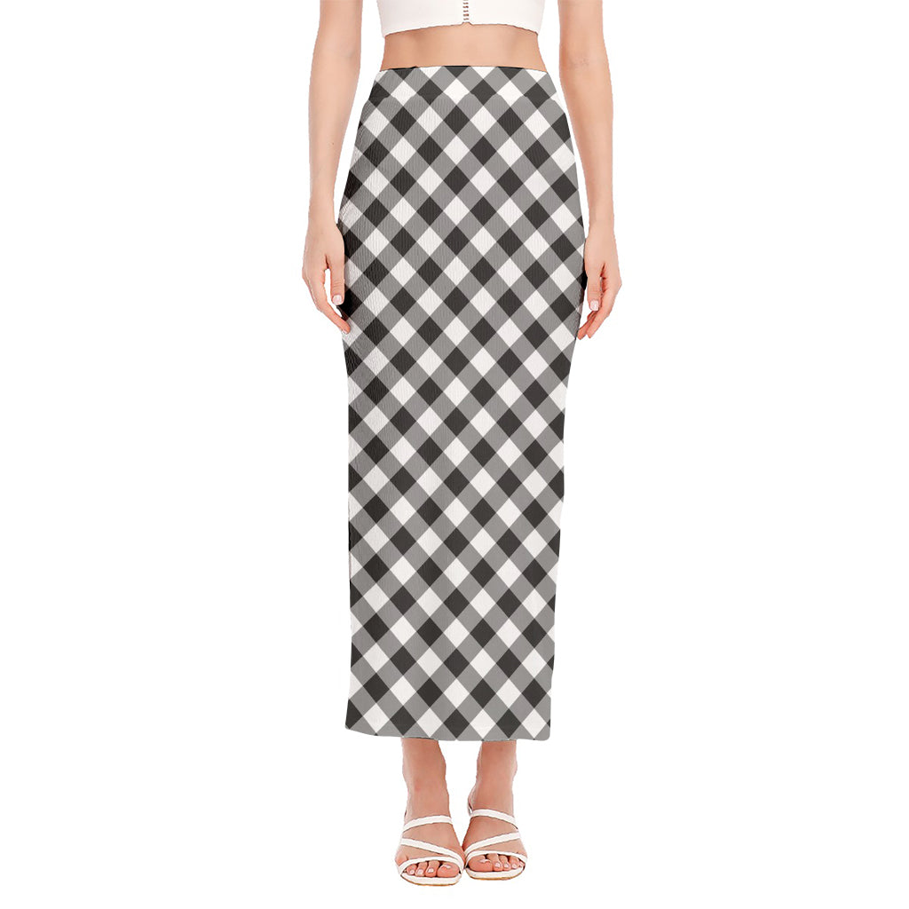 Shadow Grey And White Gingham Print Side Slit Maxi Skirt