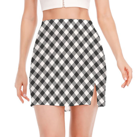 Shadow Grey And White Gingham Print Side Slit Mini Skirt