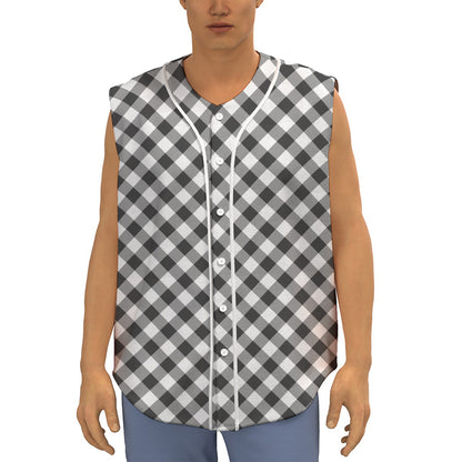 Shadow Grey And White Gingham Print Sleeveless Baseball Jersey