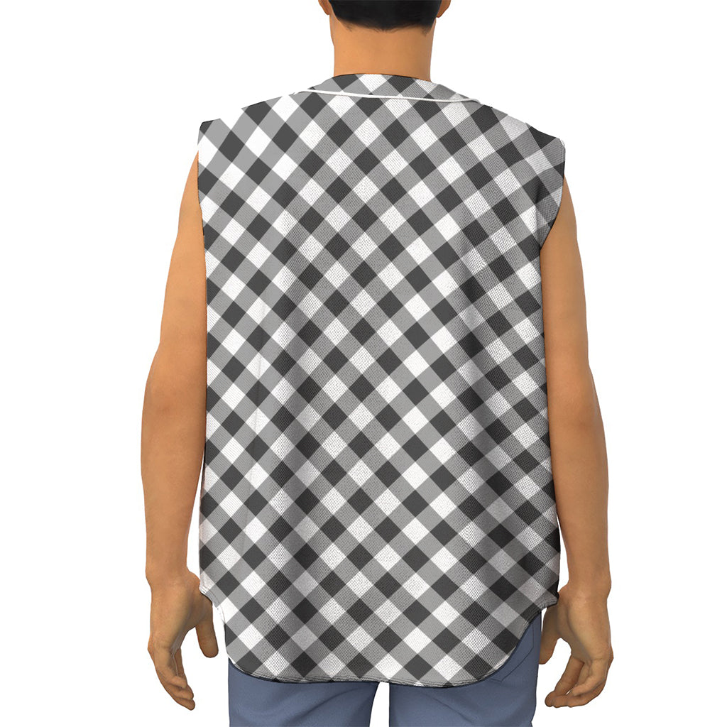 Shadow Grey And White Gingham Print Sleeveless Baseball Jersey