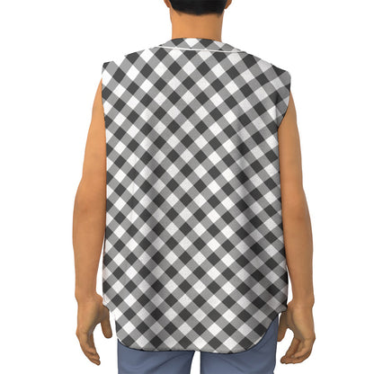 Shadow Grey And White Gingham Print Sleeveless Baseball Jersey