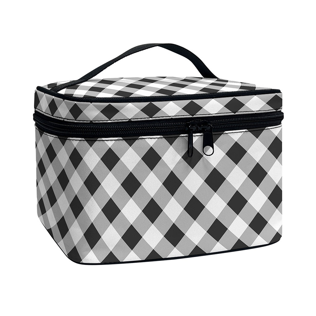Shadow Grey And White Gingham Print Travel Makeup Bag