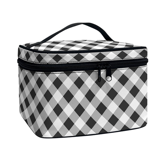 Shadow Grey And White Gingham Print Travel Makeup Bag