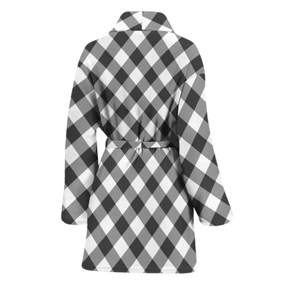 Shadow Grey And White Gingham Print Women's Bathrobe