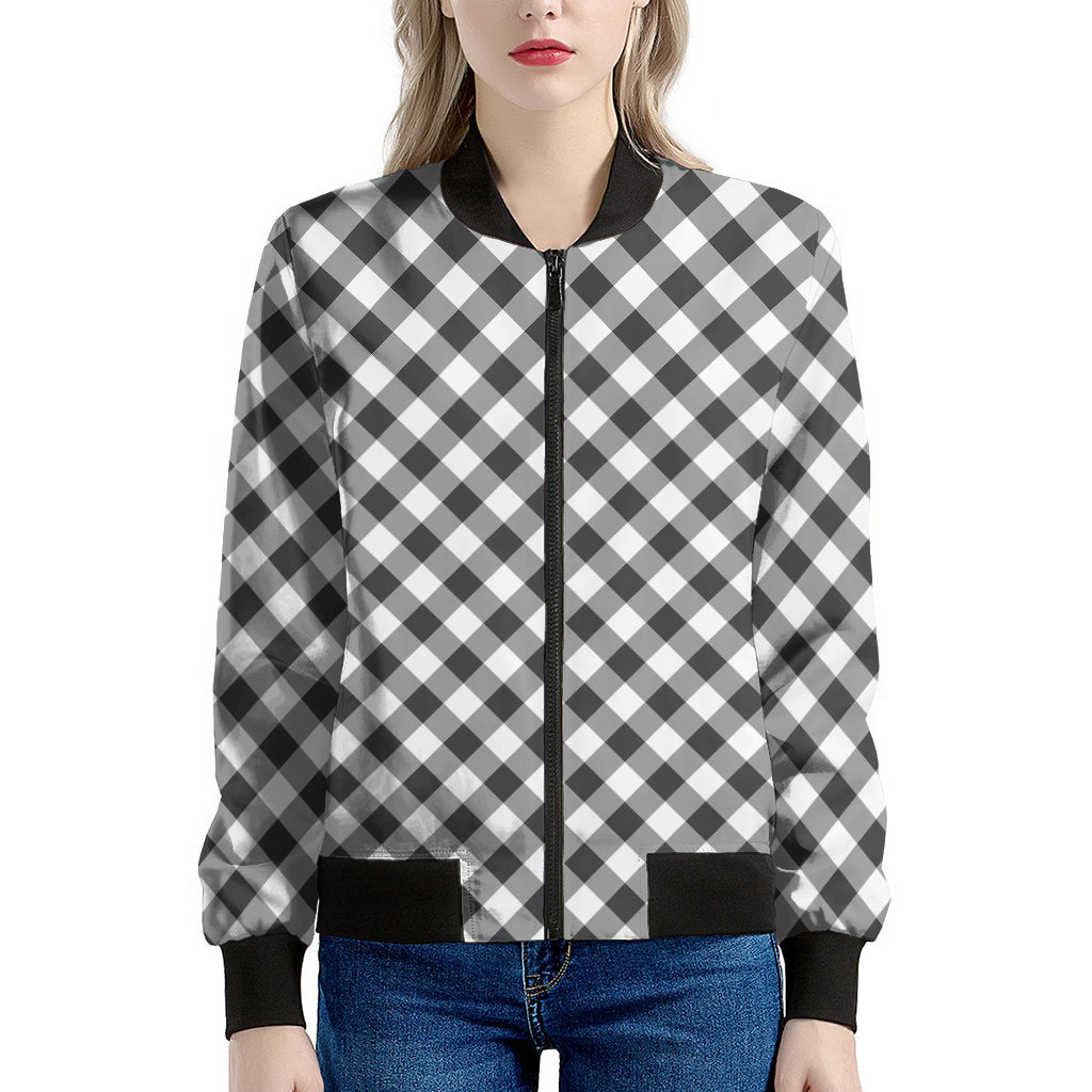 Shadow Grey And White Gingham Print Women's Bomber Jacket