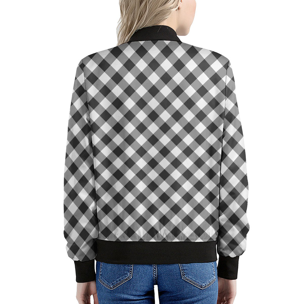 Shadow Grey And White Gingham Print Women's Bomber Jacket