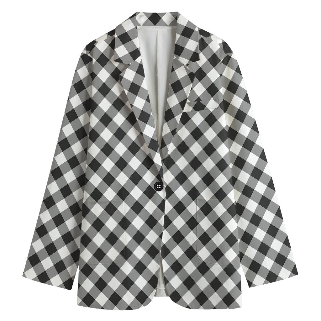 Shadow Grey And White Gingham Print Women's Cotton Blazer