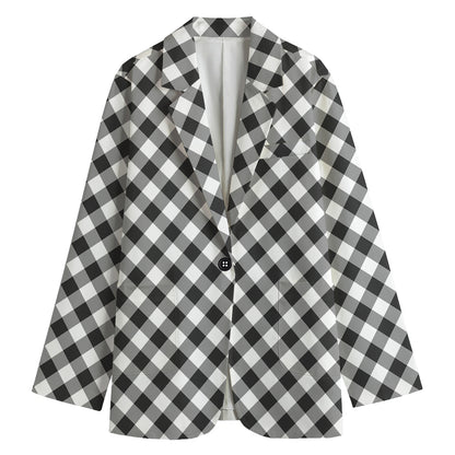 Shadow Grey And White Gingham Print Women's Cotton Blazer