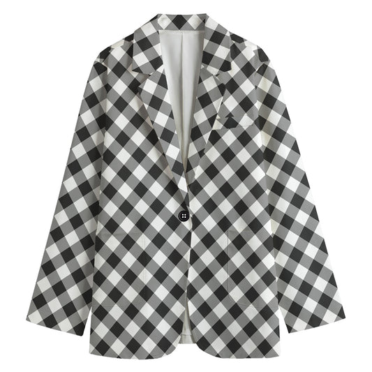 Shadow Grey And White Gingham Print Women's Cotton Blazer