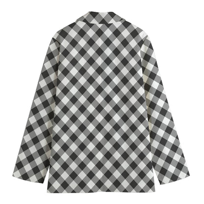 Shadow Grey And White Gingham Print Women's Cotton Blazer
