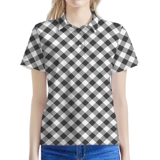 Shadow Grey And White Gingham Print Women's Polo Shirt
