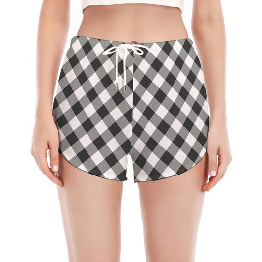 Shadow Grey And White Gingham Print Women's Split Running Shorts