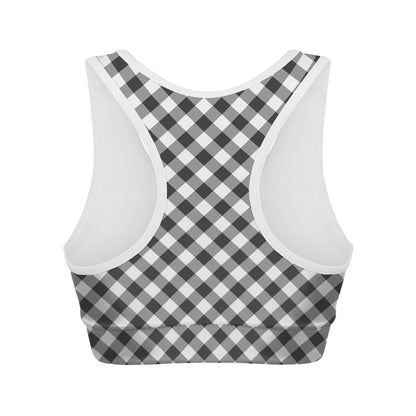 Shadow Grey And White Gingham Print Women's Sports Bra
