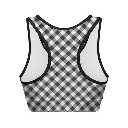Shadow Grey And White Gingham Print Women's Sports Bra